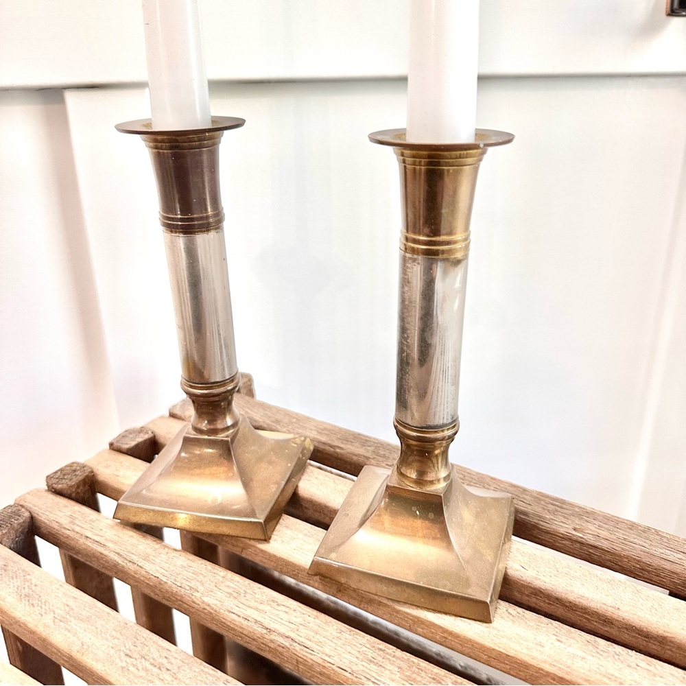 Vintage Brass and Silver Candlestick Holders set 2 Mixed Metals Mid Century 7”